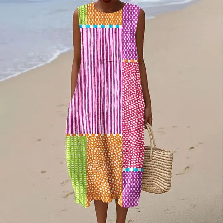 Cotton Linen Printed Midi Dress | Women's Sleeveless Beach Vacation Dress
