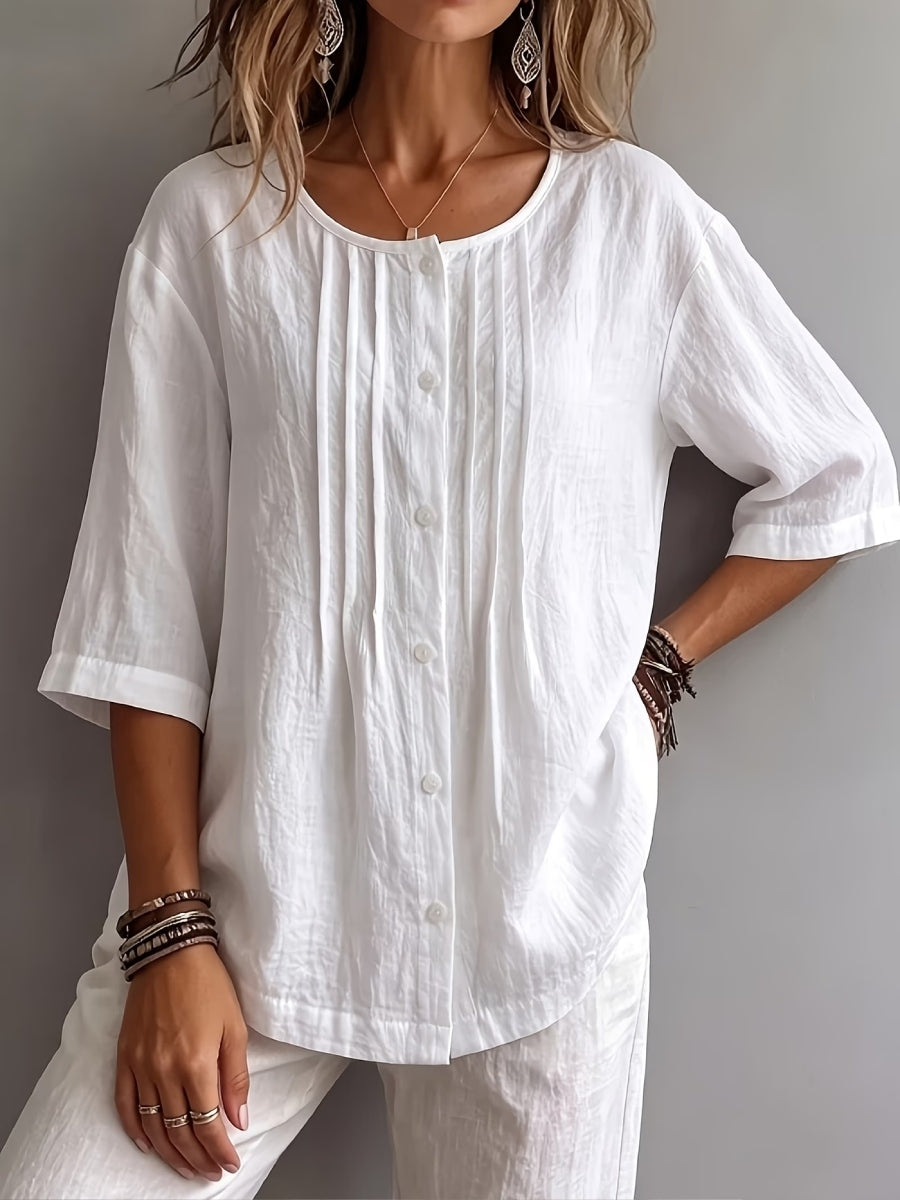 New Arrivals 🔥 Women's Round-Neck Pleated Shirt with 3/4 Sleeves
