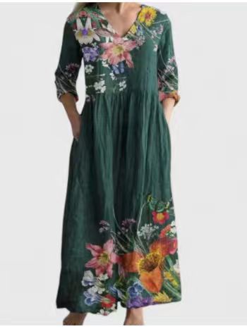 Women's Boho Floral Print Linen Maxi Dress