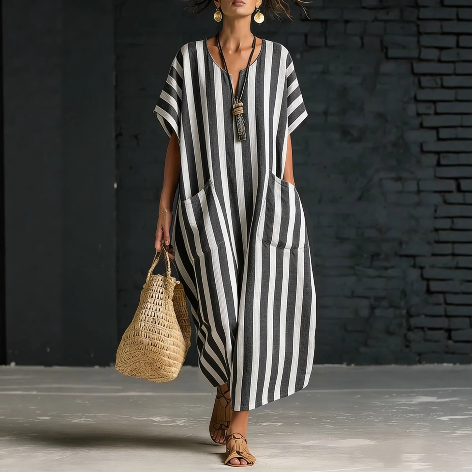 Women's V-Neck Striped Linen Dress