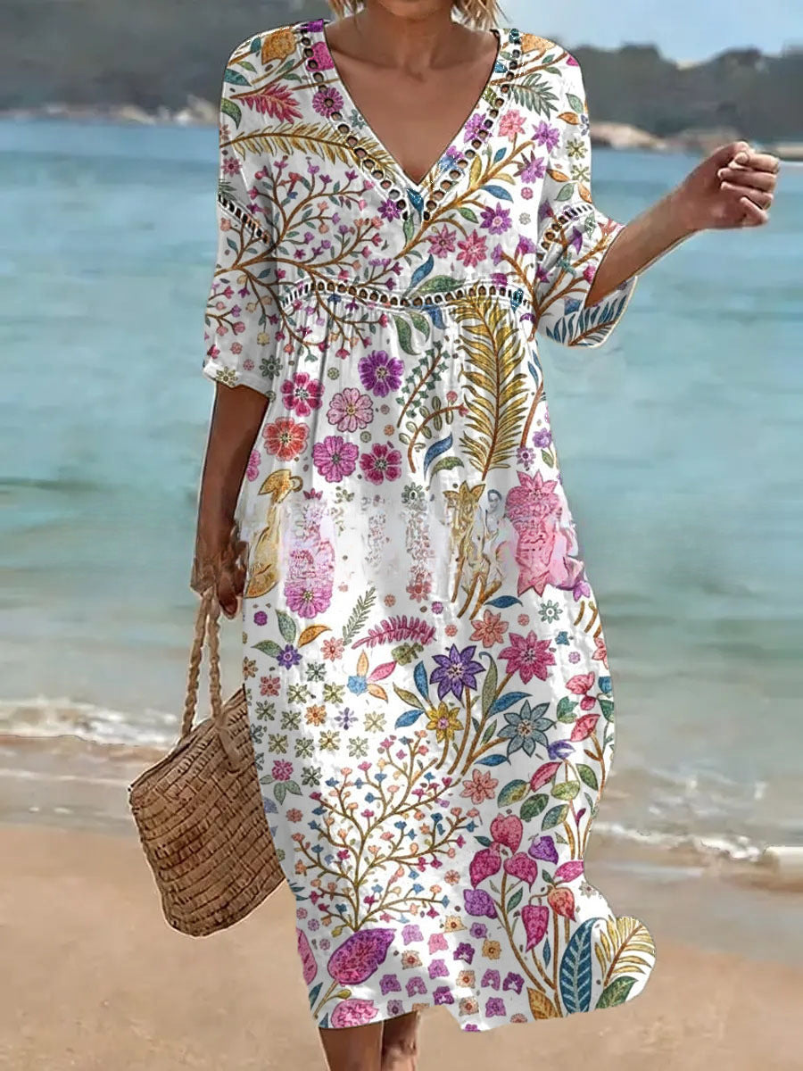 Women's V-Neck Floral & Print Midi Dress