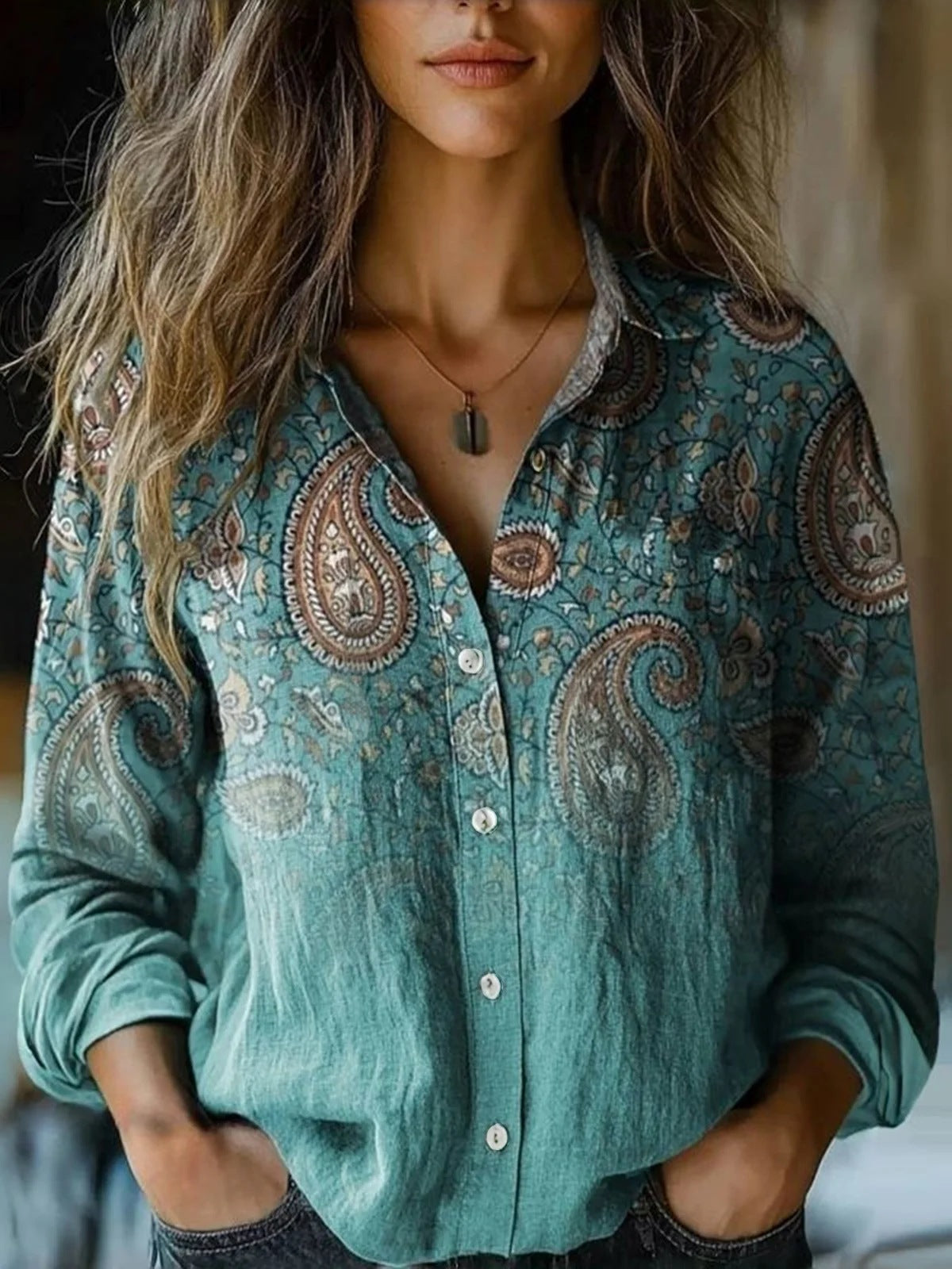 Retro Printed Long-sleeved Casual Shirt