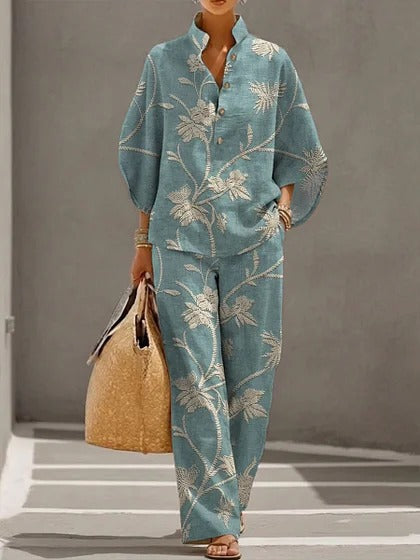 Stand-up collar polo shirt & wide-leg pants retro print two-piece set