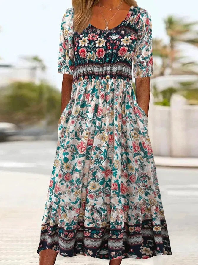Women's round neck short sleeve bohemian print dress
