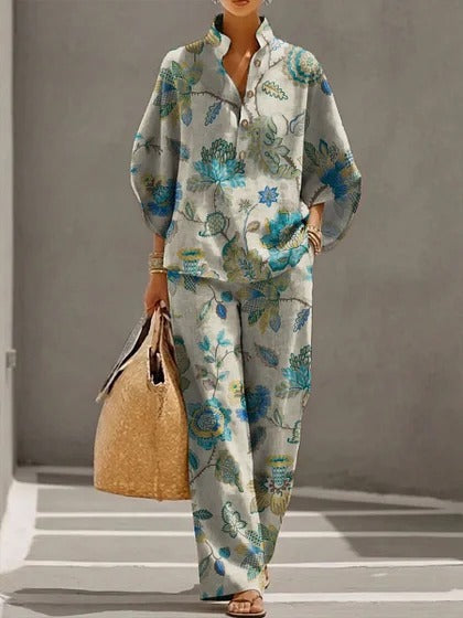 Stand-up collar polo shirt & wide-leg pants retro print two-piece set