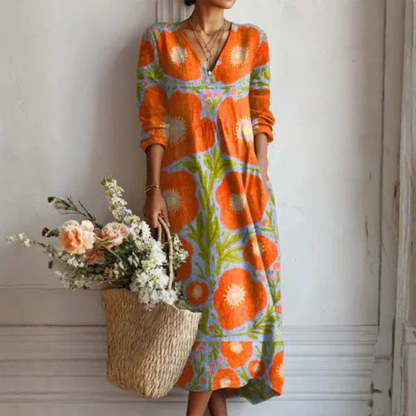 Women's Boho Floral Print Linen Maxi Dress