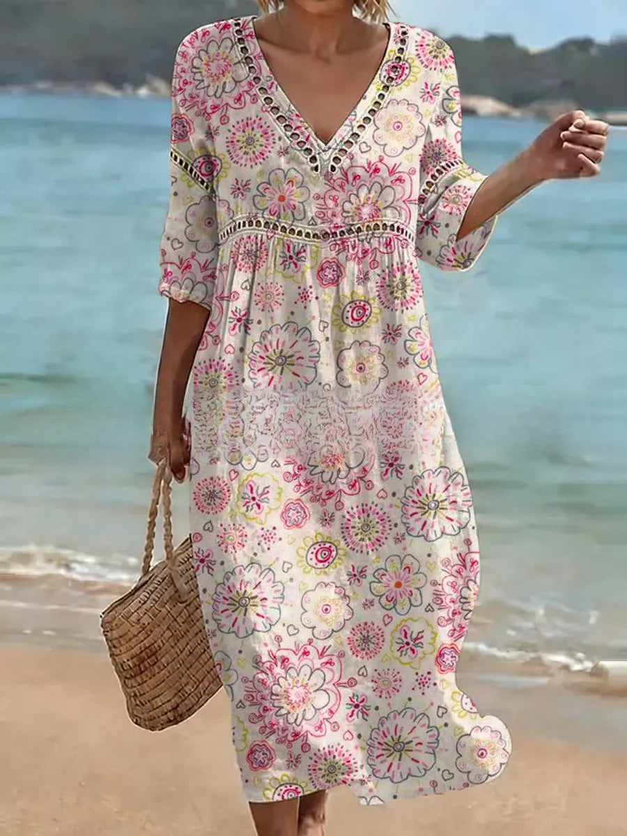 Women's V-Neck Floral & Print Midi Dress