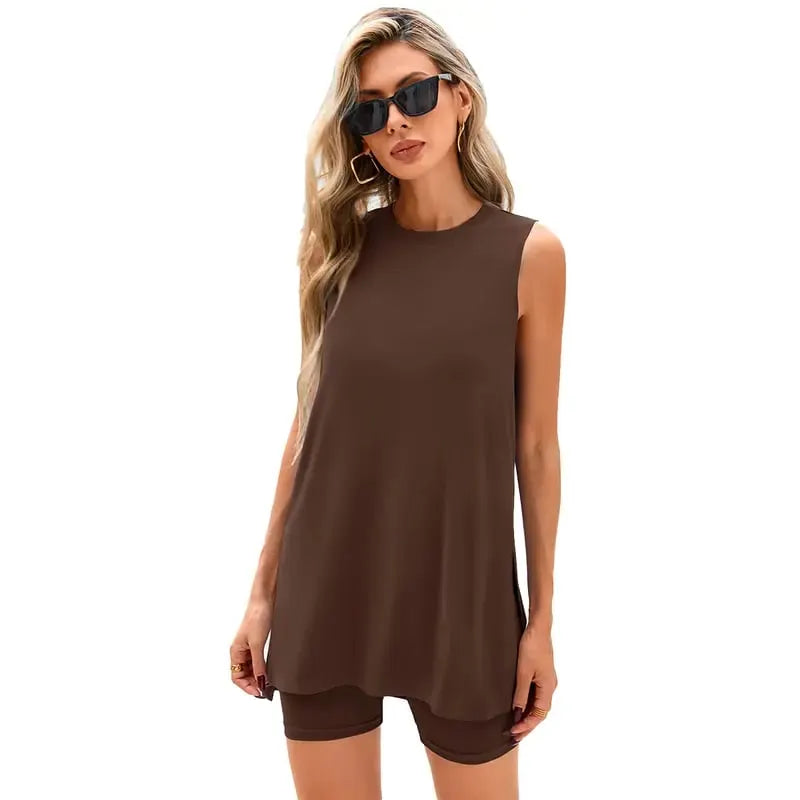 Sleeveless Crewneck Women's 2 Piece Sets Summer Matching Lounge Shorts Set