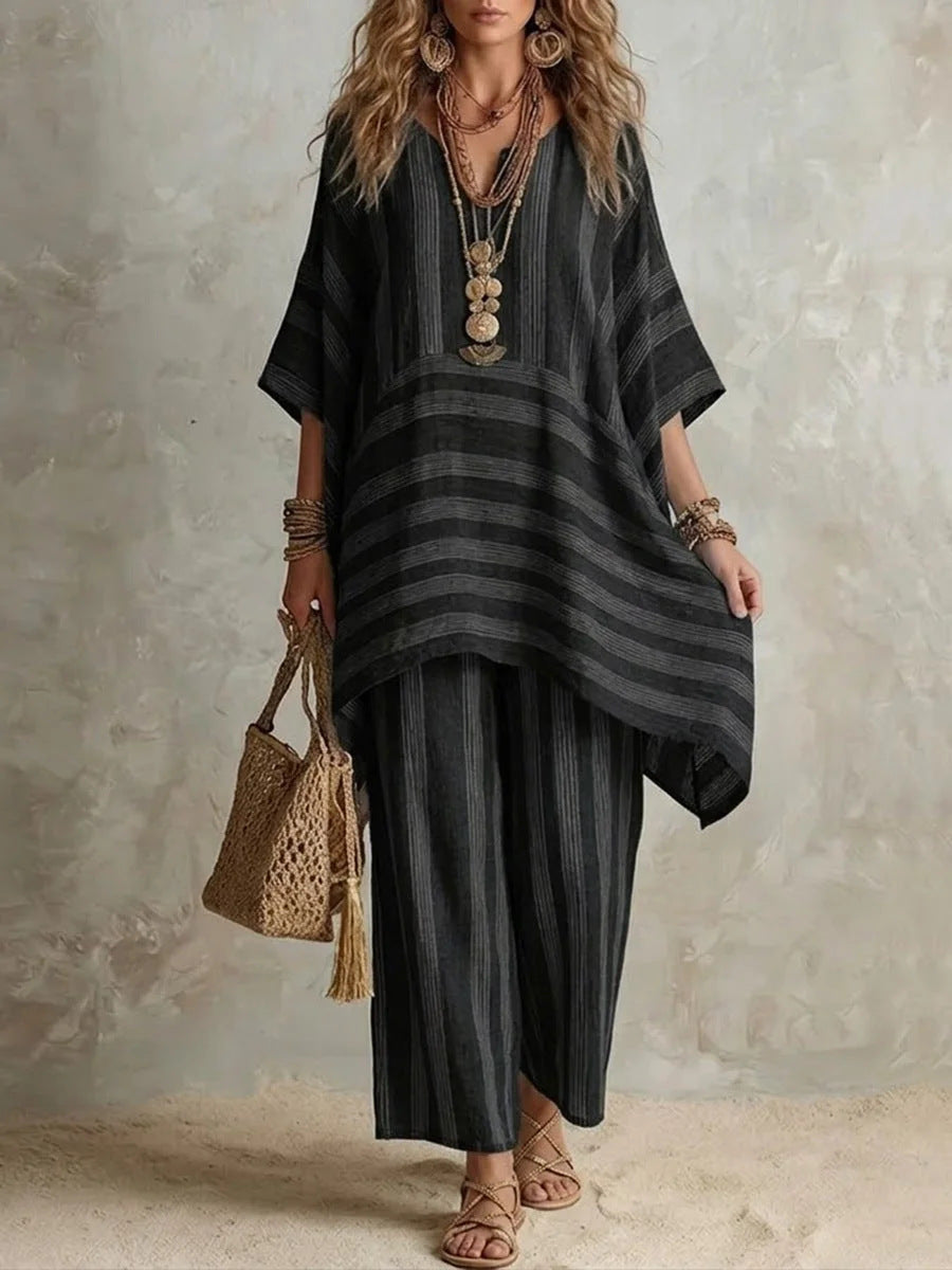 Women Striped V-Neck Batwing Sleeve Top & Wide Leg Pants 2 Piece Resort Loungewear Set