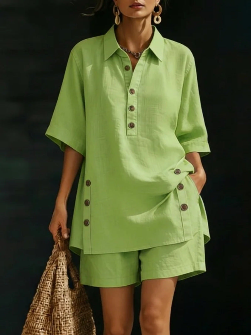 Women Collar Half Button 2 Piece Matching Set Side Button Tunic Top Loose Shorts Resort Casual Outfit