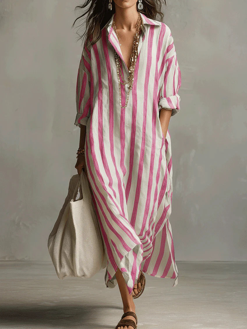 Minimalist Vertical Stripe Cotton Long Shirt Dress Oversized Relaxed Fit Side Pocket Vacation Resort Midi Maxi Dress
