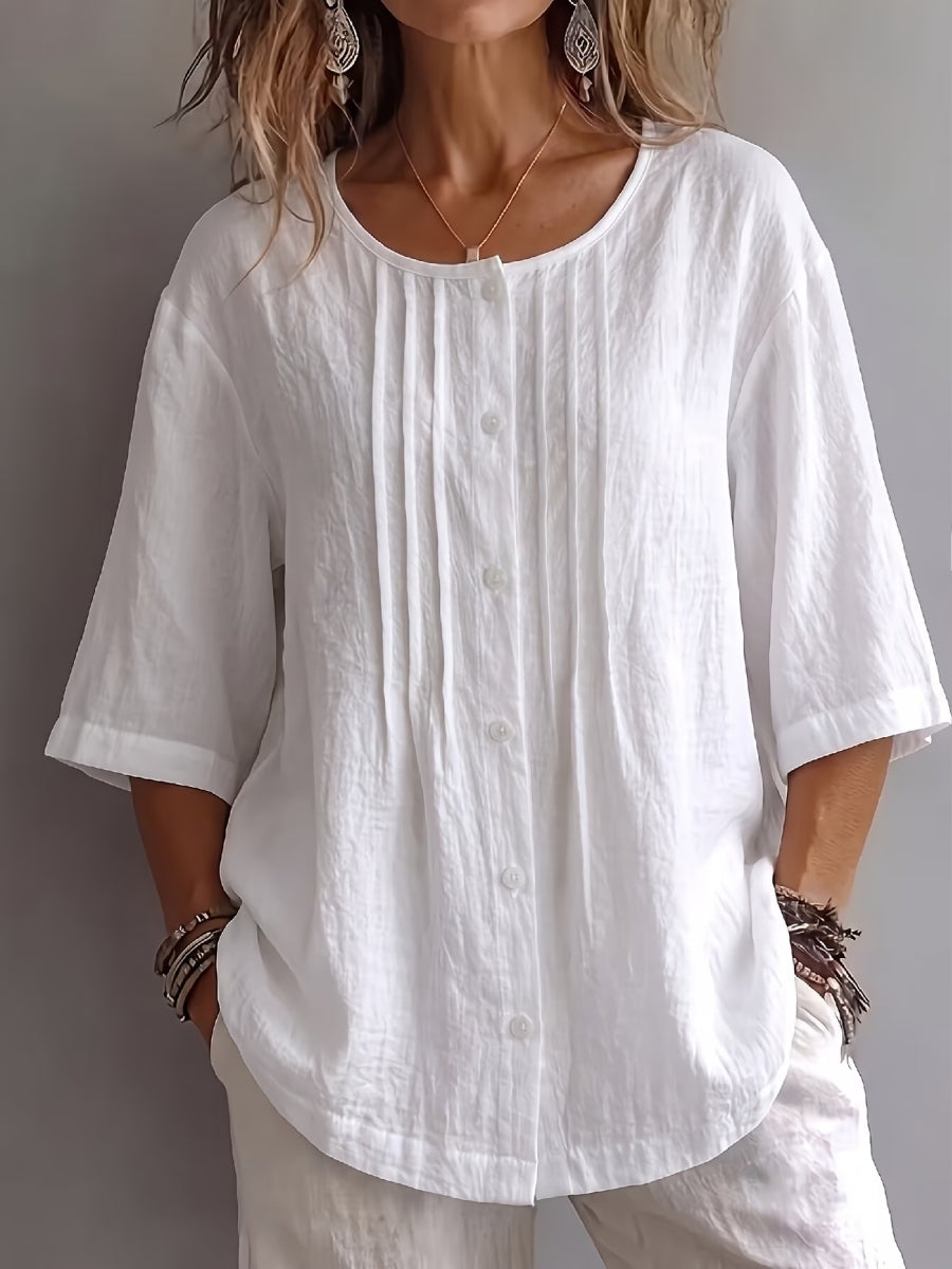 New Arrivals 🔥 Women's Round-Neck Pleated Shirt with 3/4 Sleeves