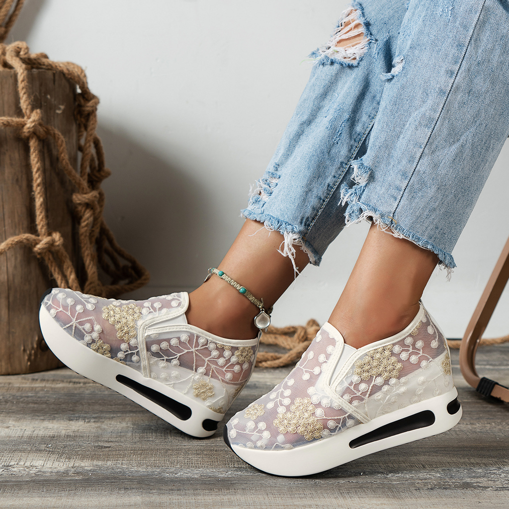 Floral Embroidery Breathable Sheer Mesh Sneakers