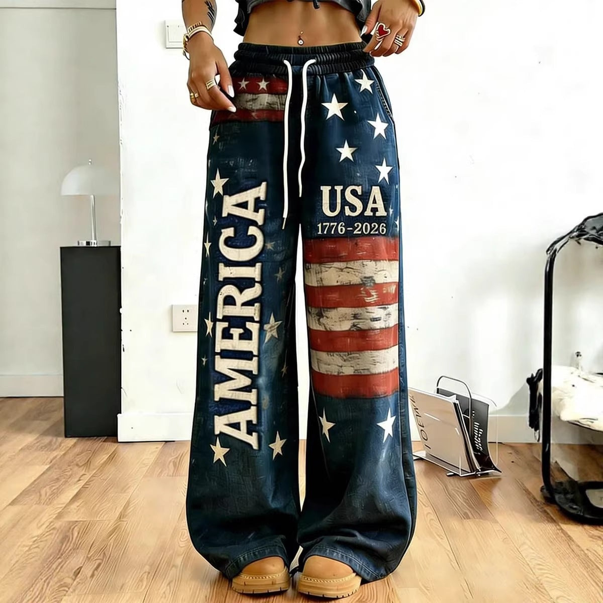Women's American Flag Floral Print Wide Leg Pants