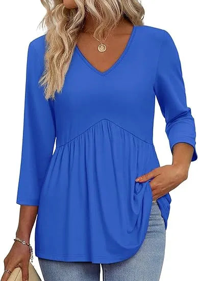 Women V Neck 3/4 Sleeve Leaf Print Empire Waist Tunic Top