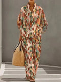 Stand-up collar polo shirt & wide-leg pants retro print two-piece set