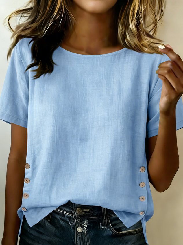 Cotton Linen Vintage Plain Round Neck Short Sleeve Side Button Casual Top