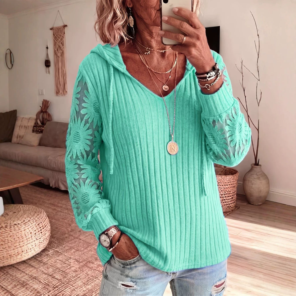 Ladies Drawstring Hoodie V‑Neck Lace Floral Long Sleeve Ribbed Knit Casual Pullover Top