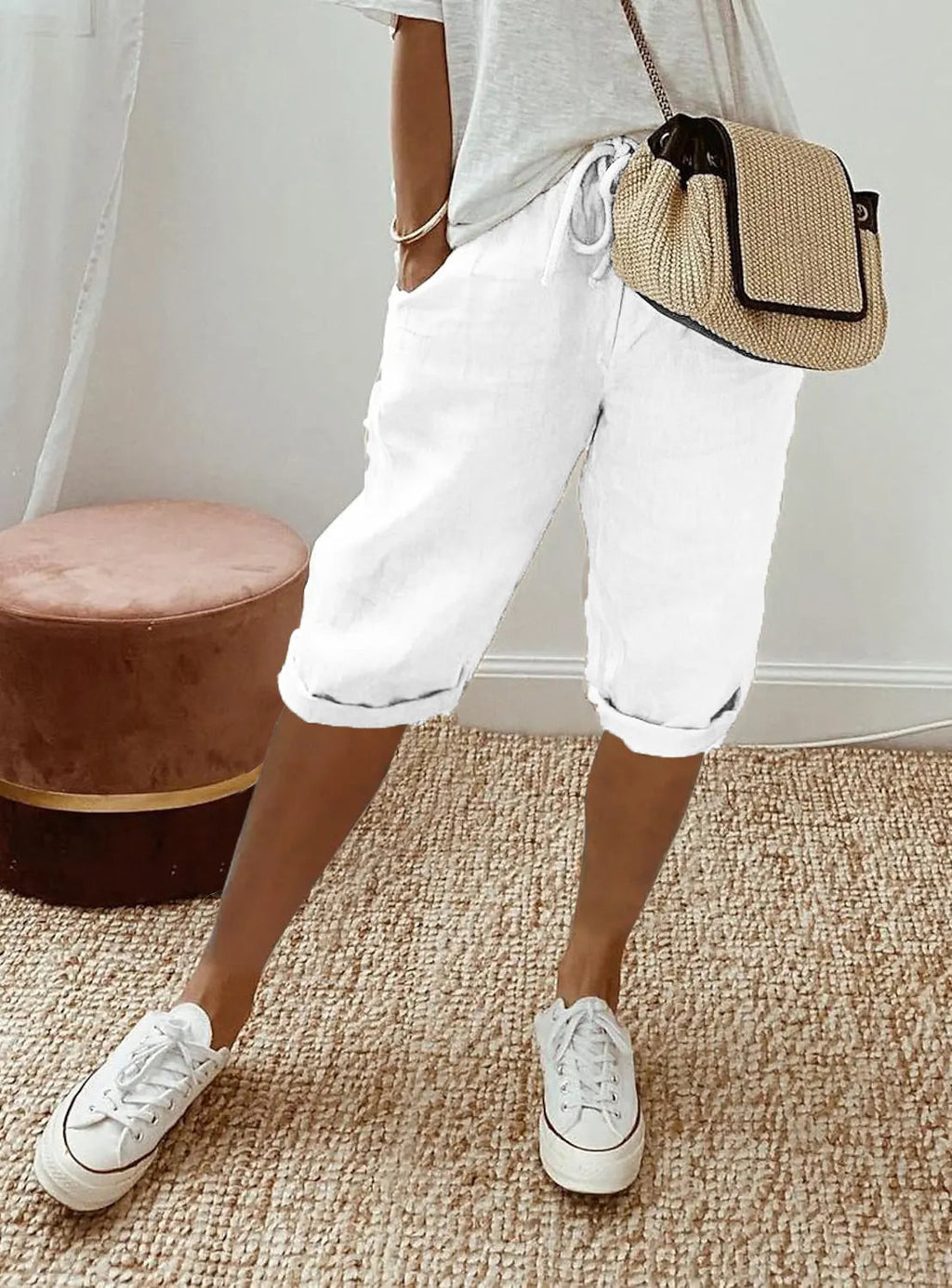 Women's Elastic Waist Casual Pants with Flap Pockets