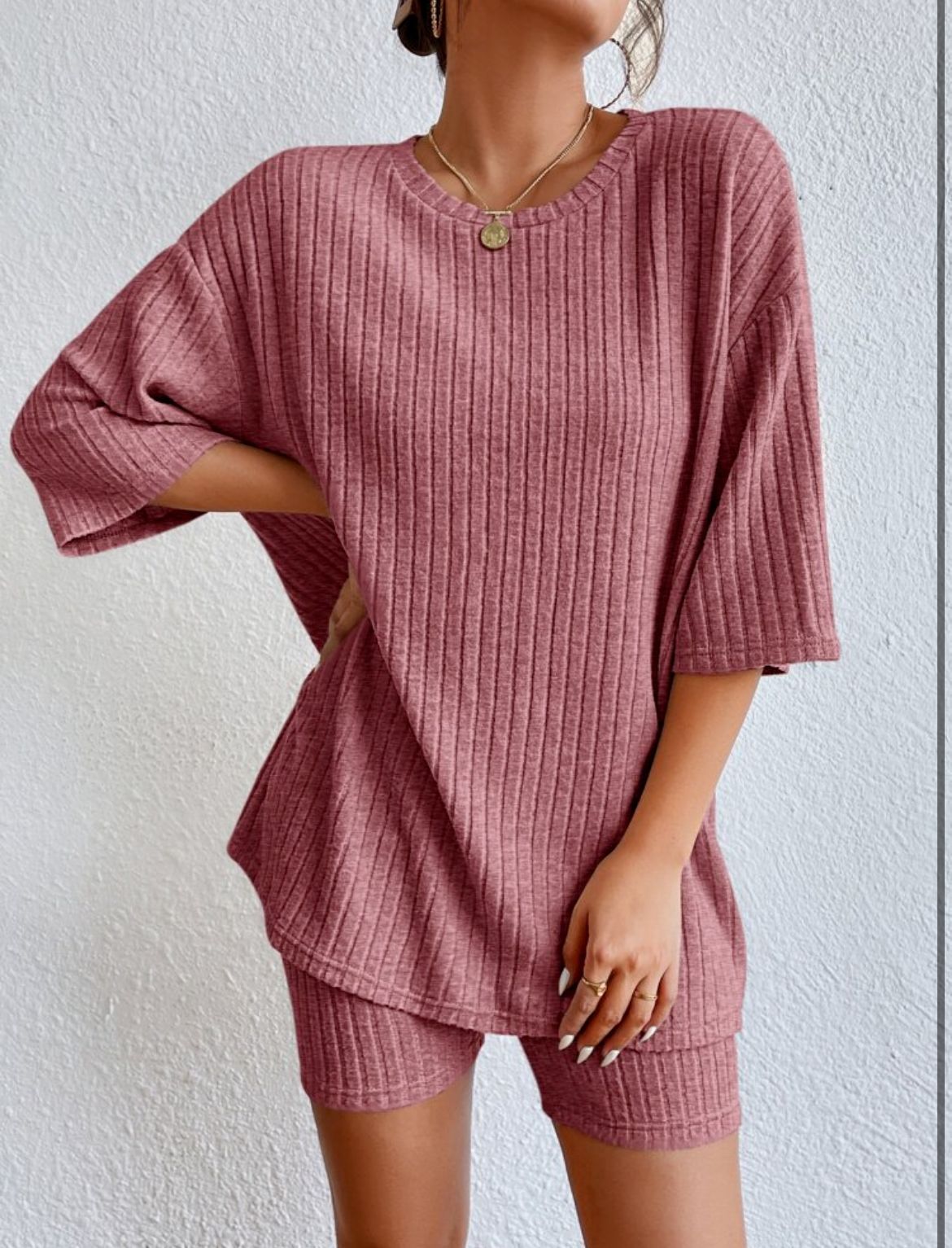 Women Crew Neck Drop Shoulder Half Sleeve Top & High Waist Shorts 2 Piece Loungewear Set