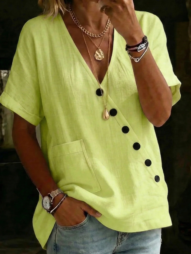 Plain Cotton Linen Top Short Sleeve V Neck Button Patch Pocket Summer Going Out Casual Shirt