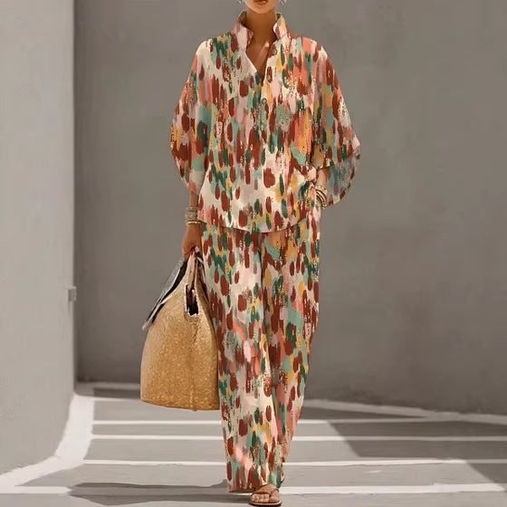 Stand-up collar polo shirt & wide-leg pants retro print two-piece set