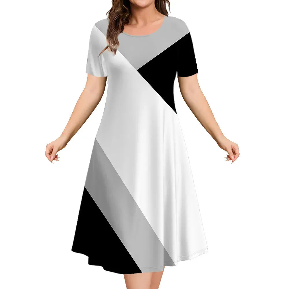 Women Geometric Color Block Short Sleeve Midi Dress