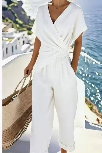 Wrap V Neck Twisted Waist Pocket Jumpsuit Women
