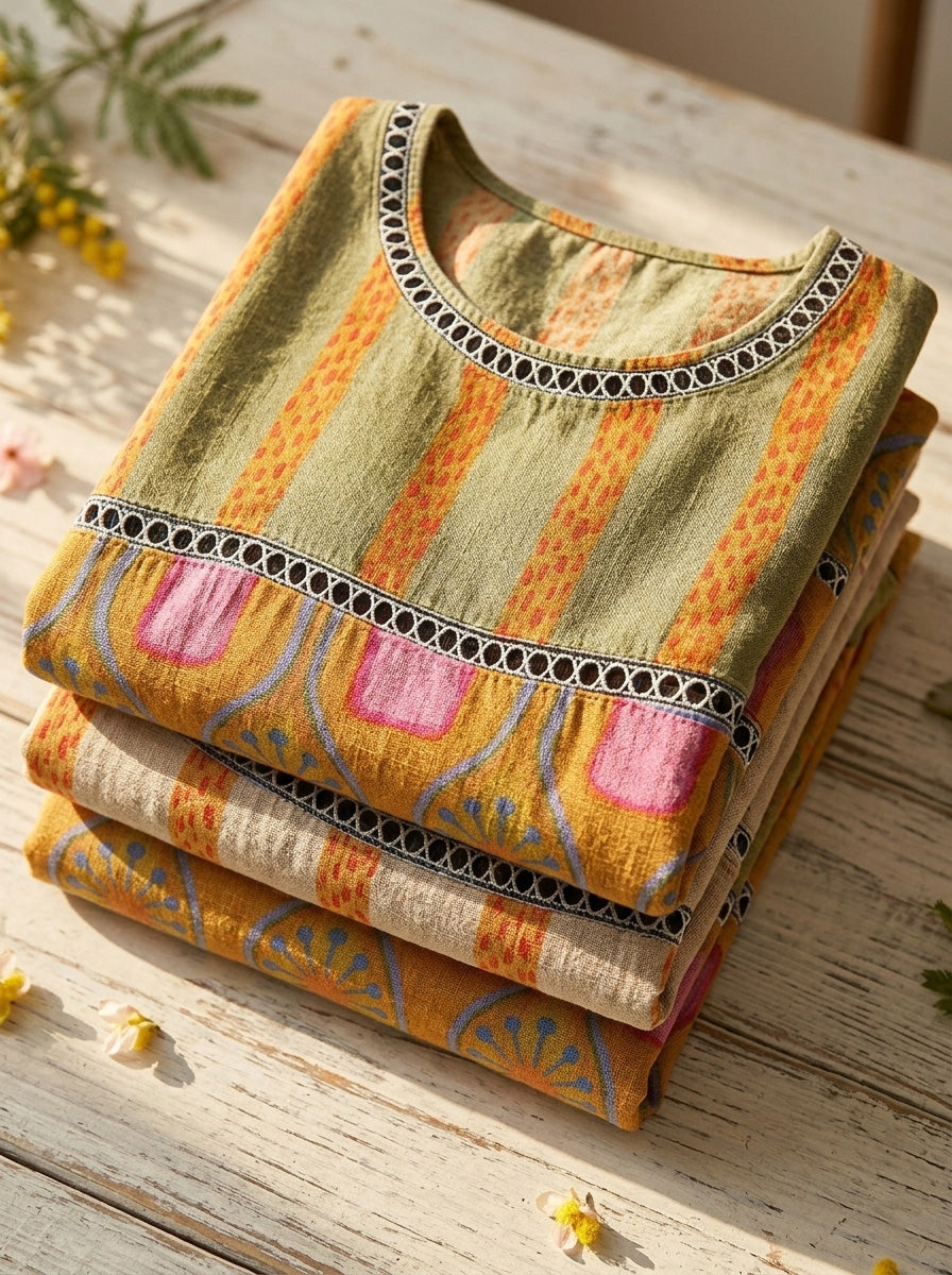 Abstract Print Linen Top | Women's Casual Loose Blouse