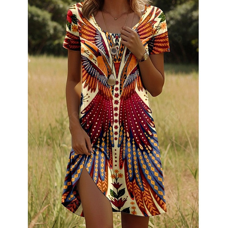 Artistic ethnic style midi dress with a large round neck