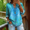 Bohemian Graphic Print Women Tunic Top Notch Collar Half Placket 3/4 Sleeve Pocket Casual Daily Blouse