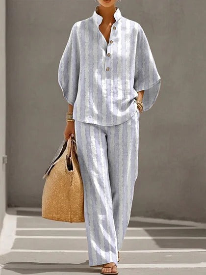 Stand-up collar polo shirt & wide-leg pants retro print two-piece set