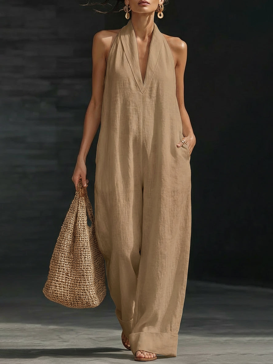 Halter Neck Linen Jumpsuit | Women's Wide Leg One Piece Outfit
