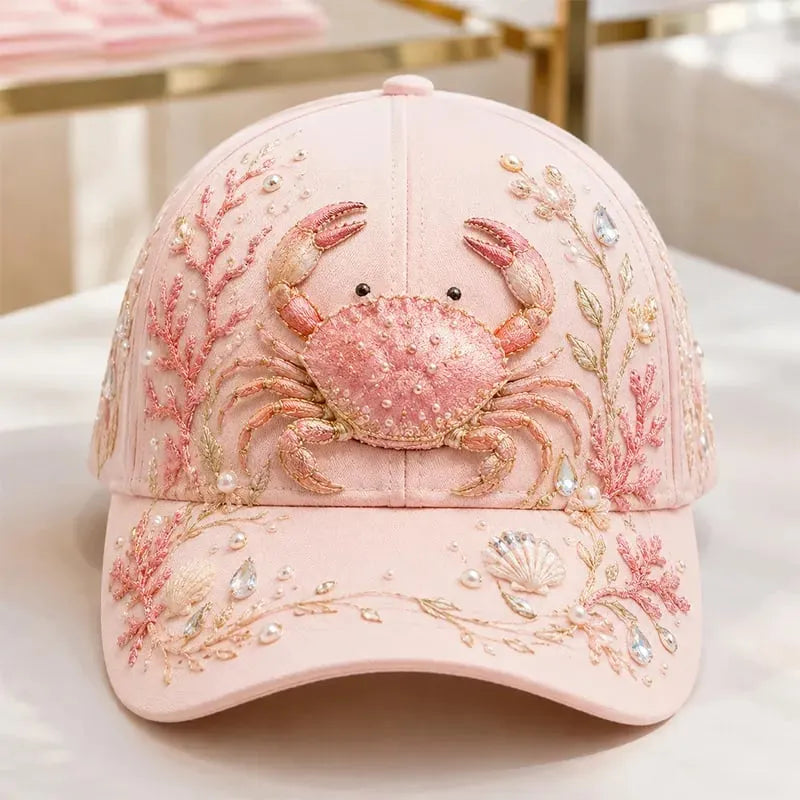 🌊 3D Ocean Creatures Embroidery Cap | Pearl & Crystal Adjustable Hat for Beach, Travel & Everyday Wear
