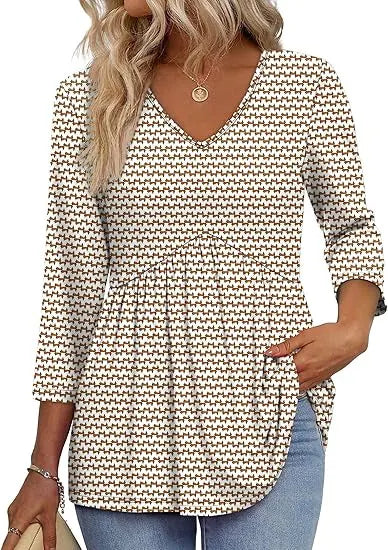 Women V Neck 3/4 Sleeve Leaf Print Empire Waist Tunic Top