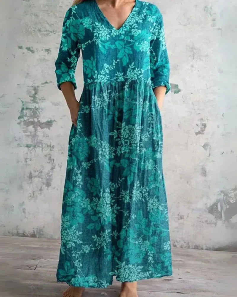 Women's Boho Floral Print Linen Maxi Dress