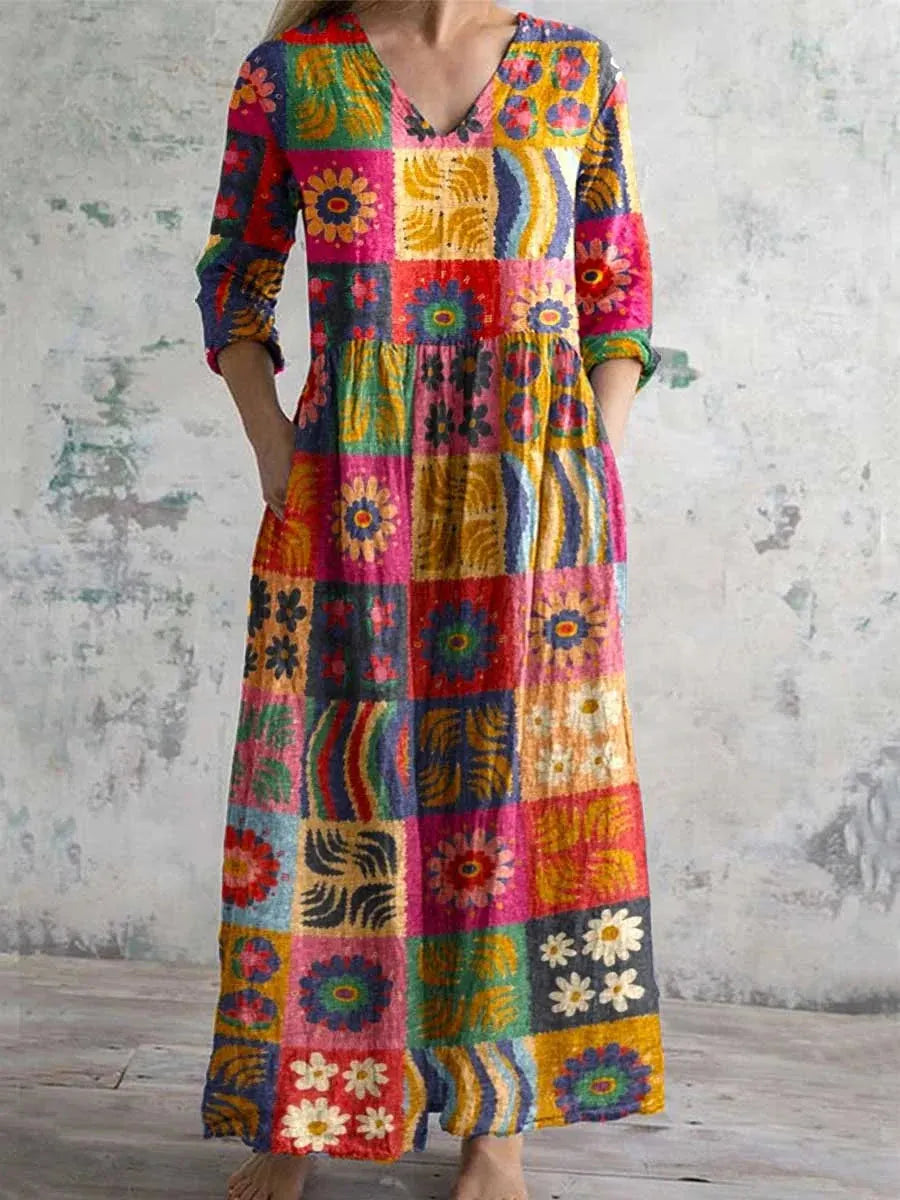 Women's Boho Floral Print Linen Maxi Dress