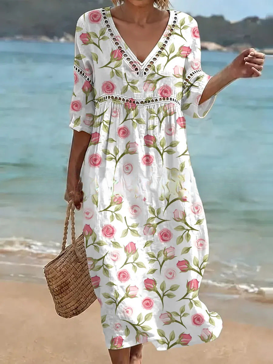 Women's V-Neck Floral & Print Midi Dress