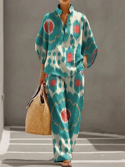 Stand-up collar polo shirt & wide-leg pants retro print two-piece set