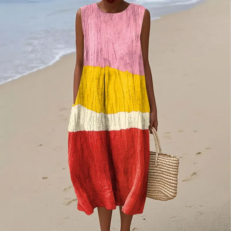 Cotton Linen Printed Midi Dress | Women's Sleeveless Beach Vacation Dress