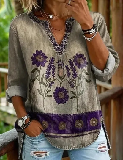 Bohemian Graphic Print Women Tunic Top Notch Collar Half Placket 3/4 Sleeve Pocket Casual Daily Blouse