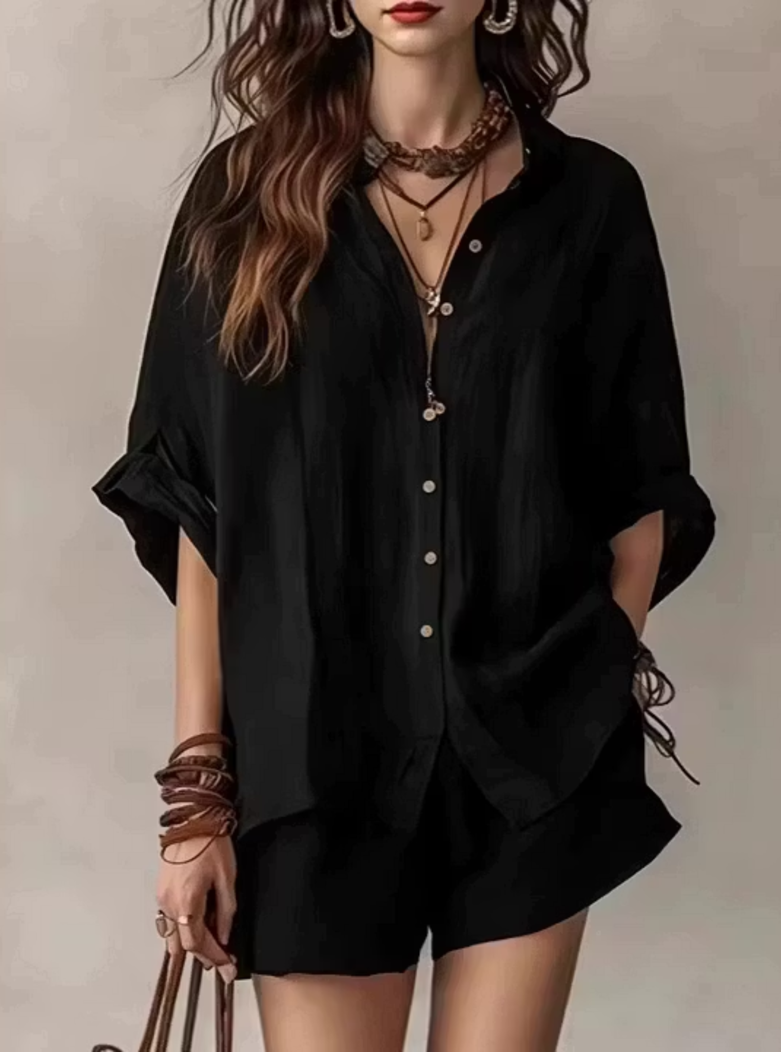 Solid-color loose button-down shirt and shorts set – stylish, casual plus-size matching set