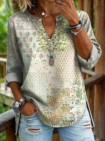 Bohemian Graphic Print Women Tunic Top Notch Collar Half Placket 3/4 Sleeve Pocket Casual Daily Blouse