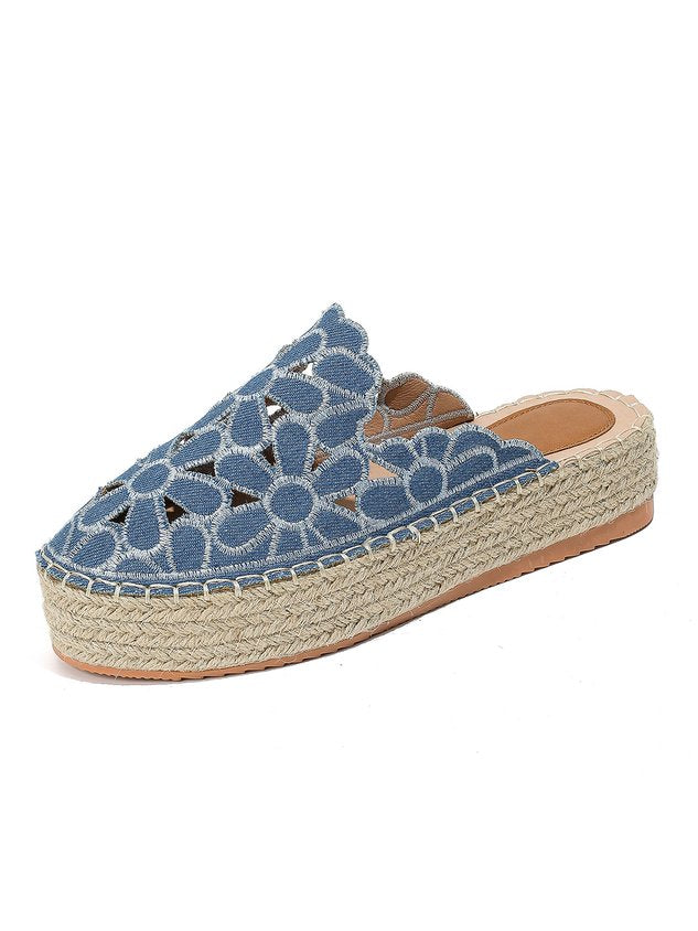 Summer Hollow Out Floral Embroidered Platform Mules