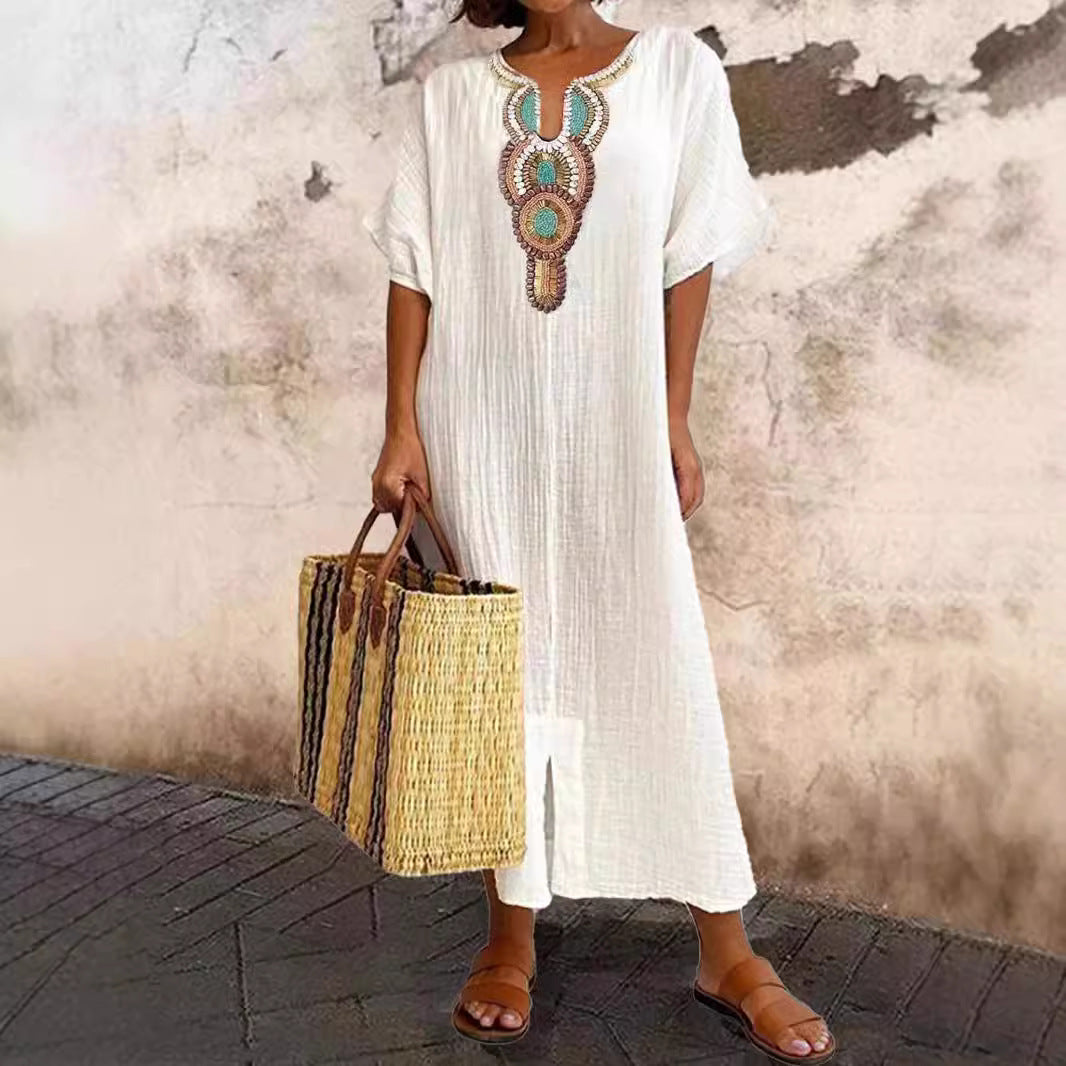 Women's Boho Embroidered Linen-Blend Kaftan Maxi Dress