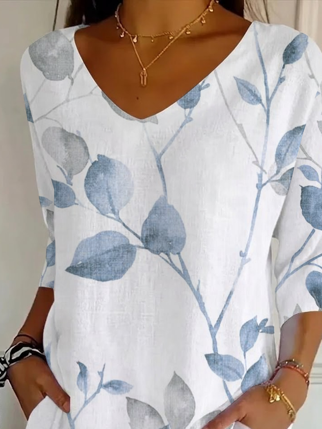 Women's Three Quarter Sleeve T-shirt Spring/Fall White Floral Printing V Neck Daily Going Out Casual Top