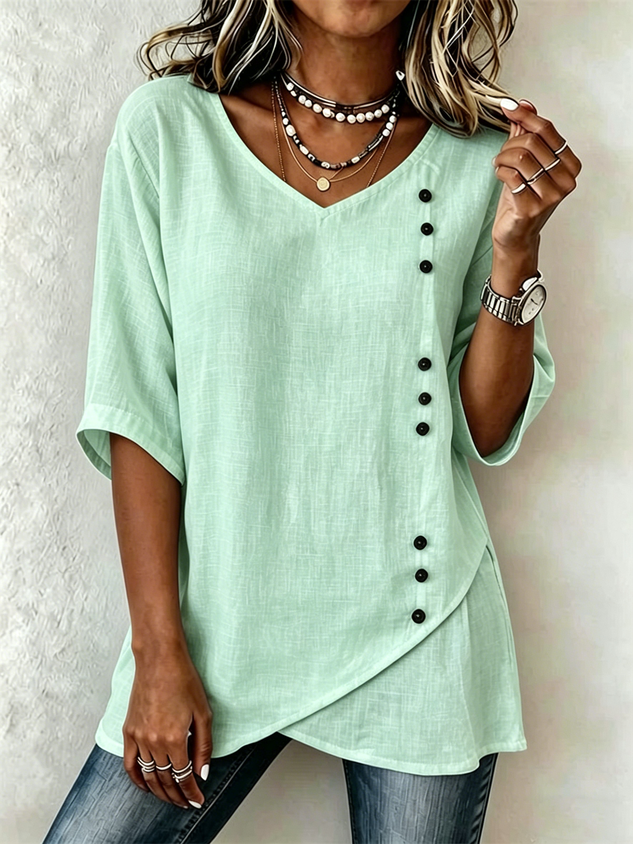 Vintage Loose Cotton-Blend V Neck Shirt