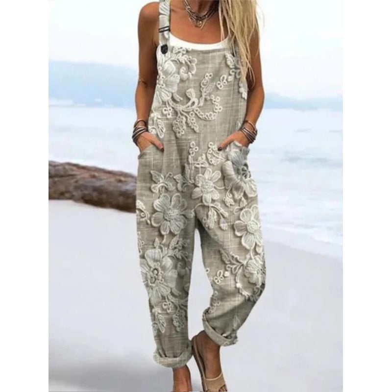 Printed Loose Overalls | Women's Casual Sleeveless Jumpsuit