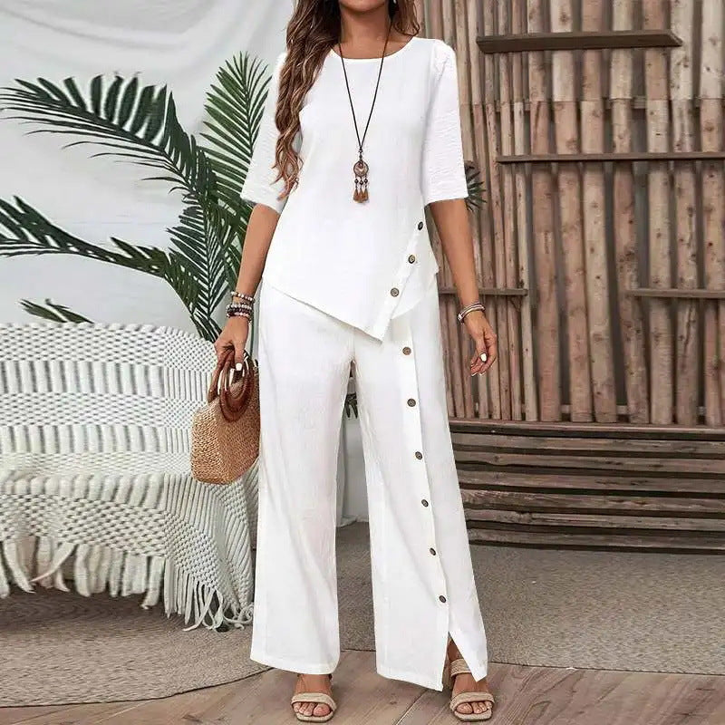 Women Irregular Hem Button Detail Top & Side Slit Wide Leg Pants 2 Piece Linen Look Set