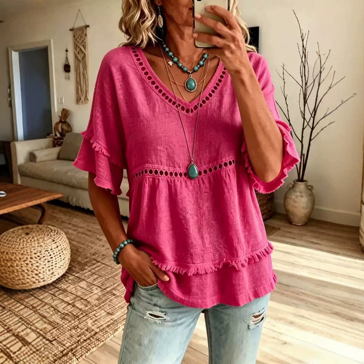 Women's V-Neck Eyelet Ruffle Trim Peplum Blouse